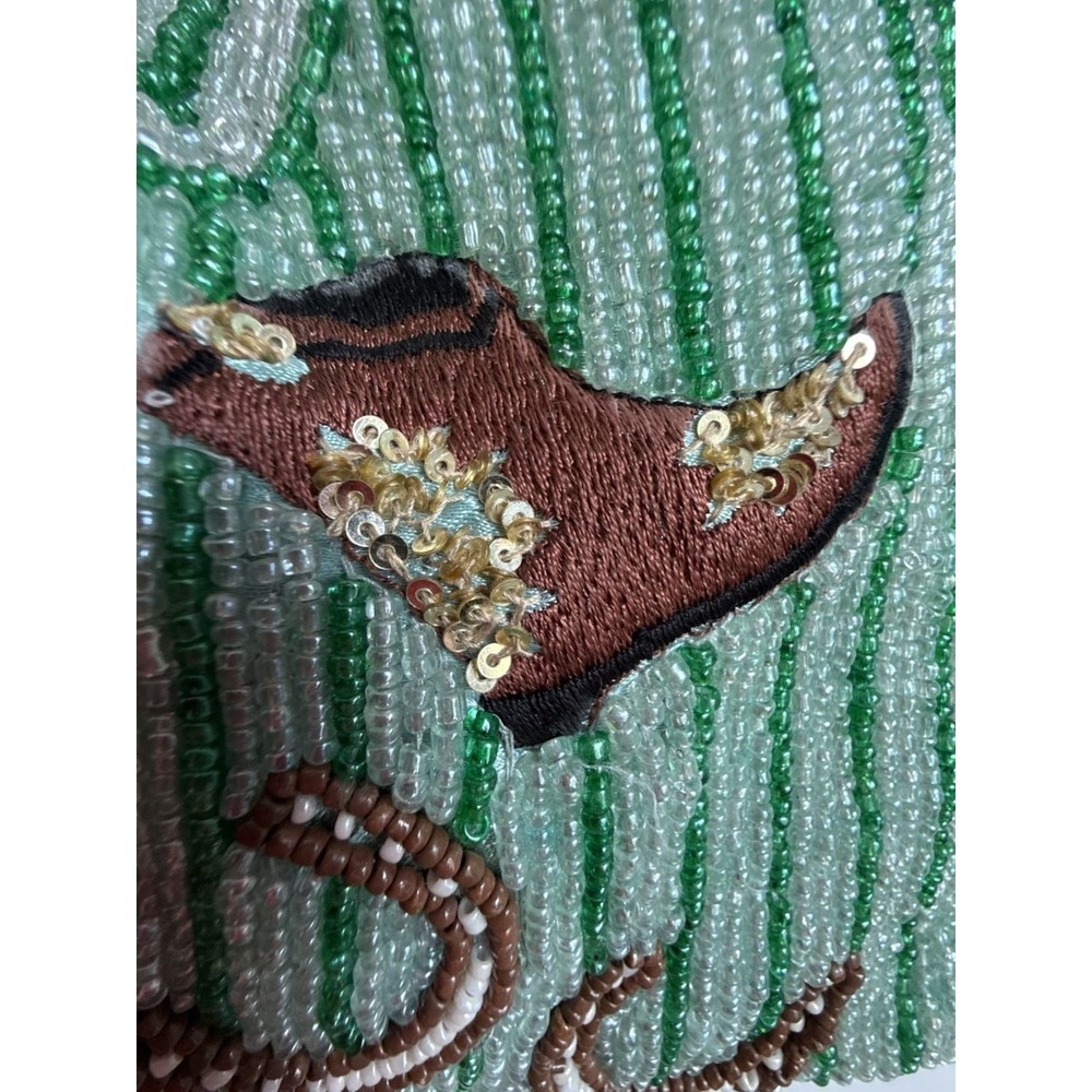 Handcrafted  India Beaded Western Drawstring Pouch Bag Cactus Cowboy Boot Green - Picture 4 of 10